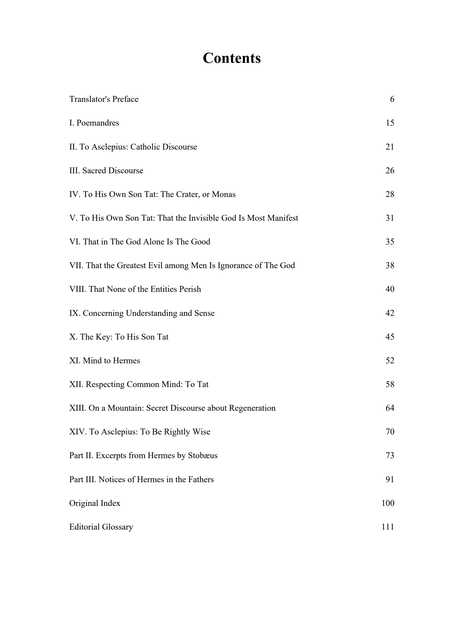 Contents page from The Theological and Philosophical Works of Hermes Trismegistus