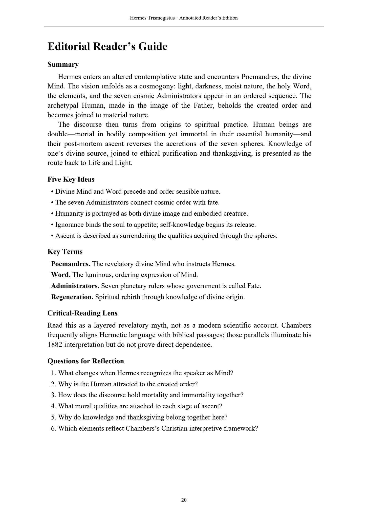 Editorial Reader’s Guide for Poemandres in the Hermes Trismegistus reader’s edition