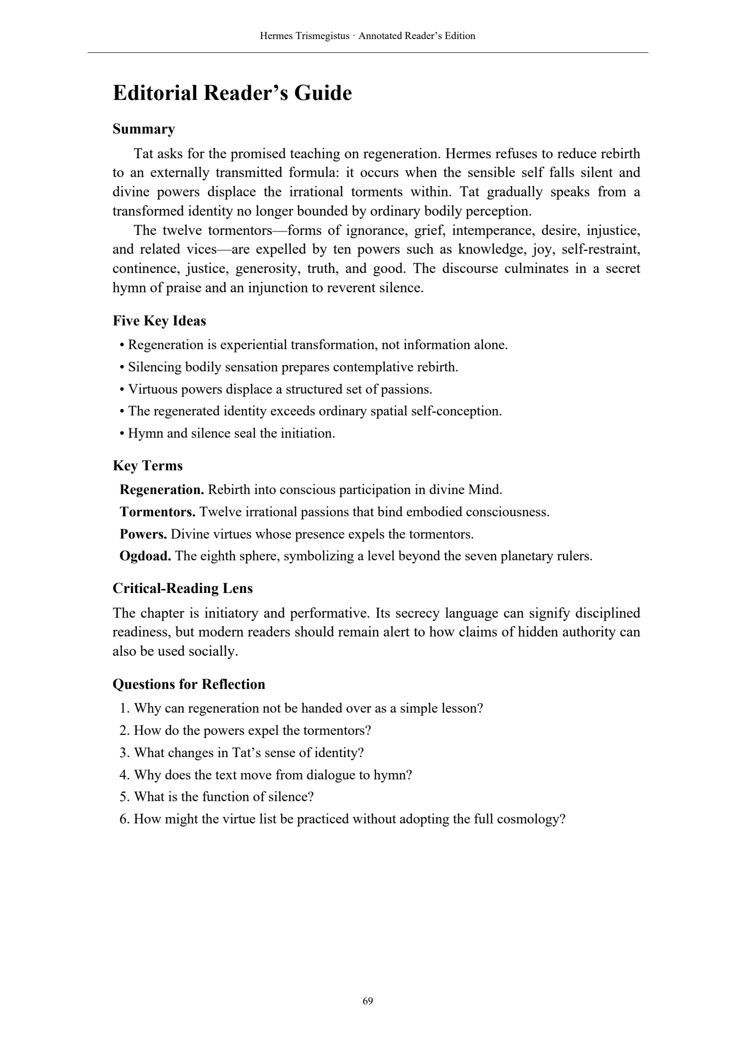 Editorial Reader’s Guide for the regeneration discourse in the Hermes Trismegistus reader’s edition