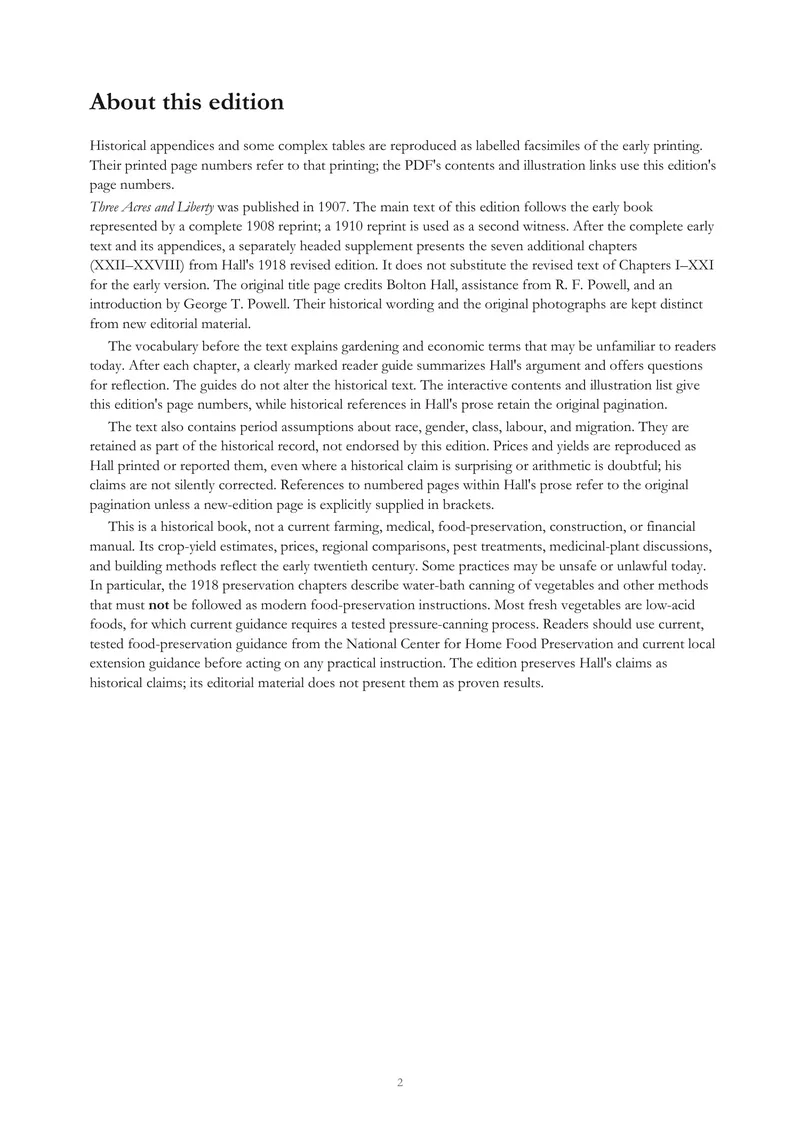 Edition scope and safety note — Three Acres and Liberty