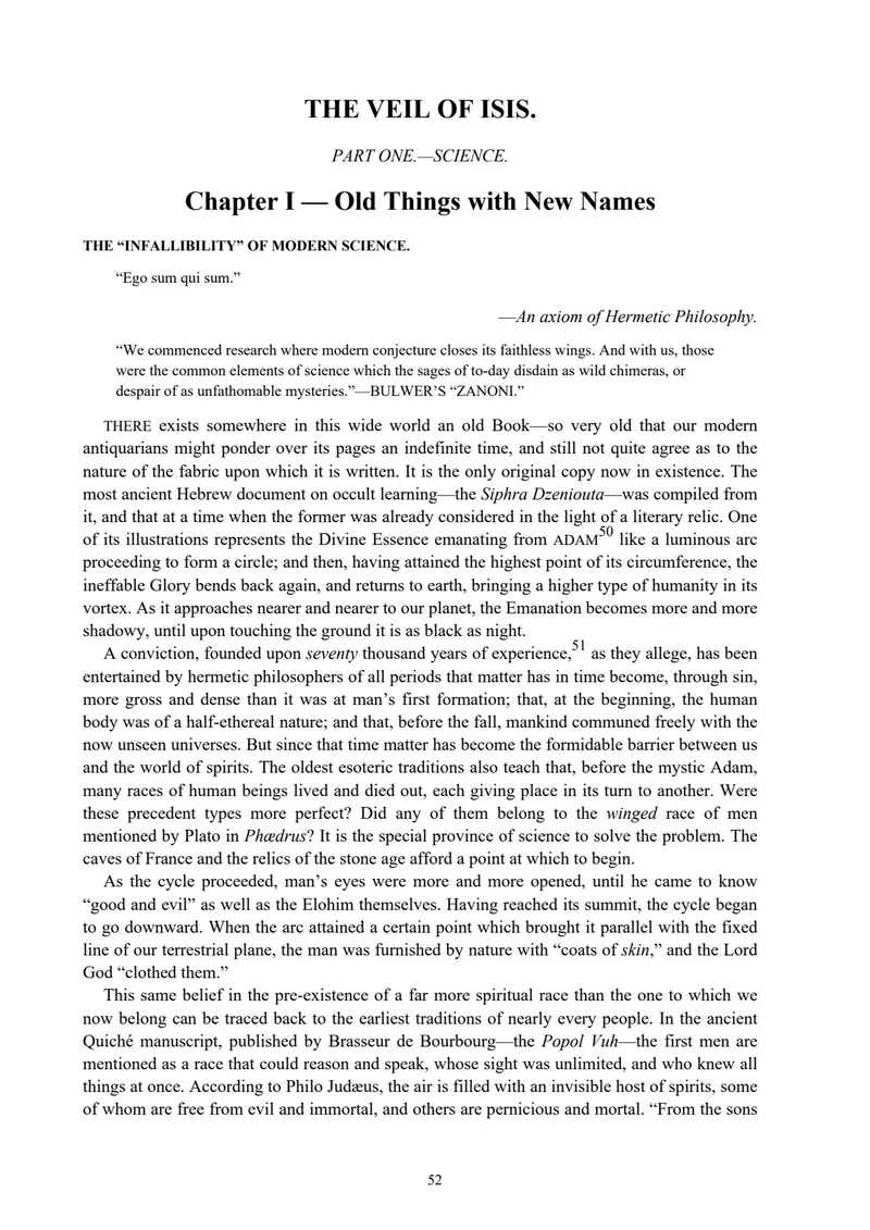 Historical Chapter I opening — Isis Unveiled, Volume I: Science