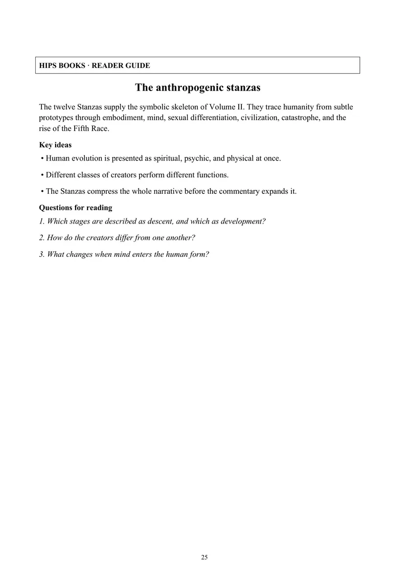 Reader guide to the anthropogenic stanzas — The Secret Doctrine, Volume II: Anthropogenesis