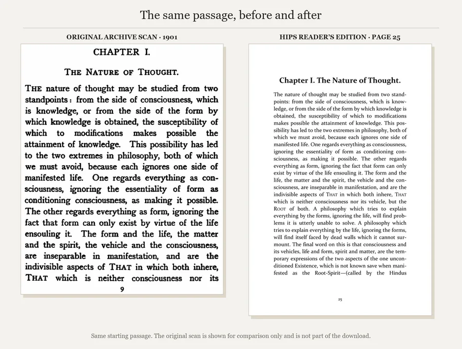 The same Chapter I opening: original 1901 archive scan and page 25 of the HIPS reader’s edition.