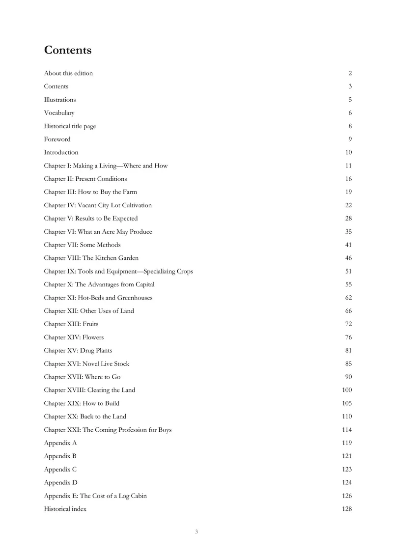 Early-book contents — Three Acres and Liberty