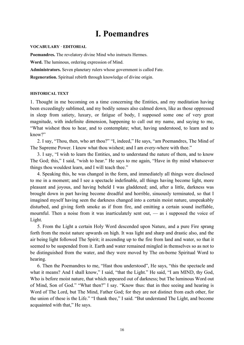 Poemandres opening and vocabulary — The Theological and Philosophical Works of Hermes Trismegistus
