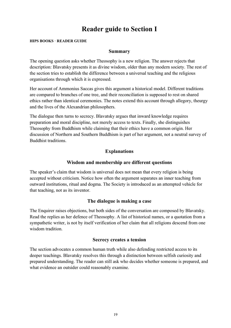 HIPS Books reader guide to Section I — The Key to Theosophy