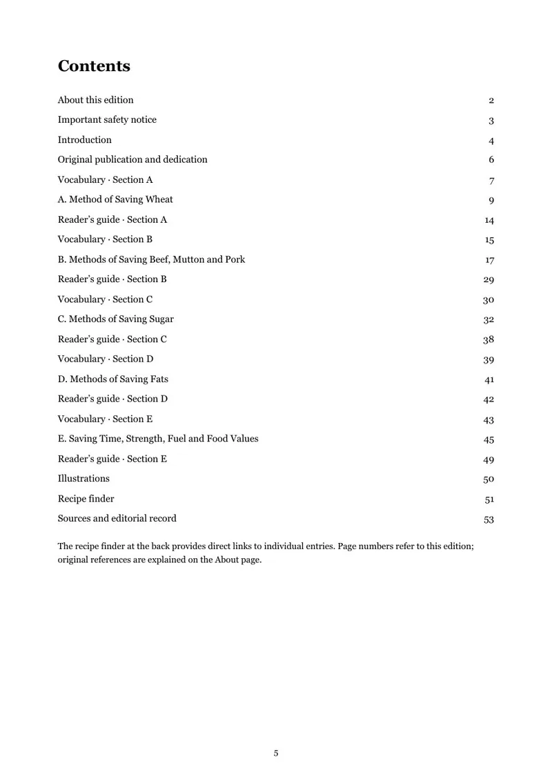Page 5 of Methods of Saving Wheat, Meat, Sugar and Fat: Contents