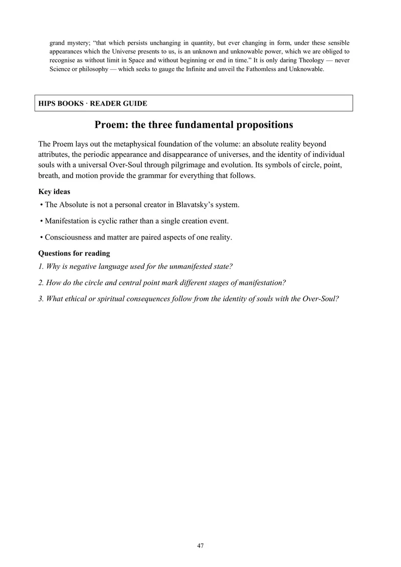 Reader guide to the three propositions — The Secret Doctrine, Volume I: Cosmogenesis